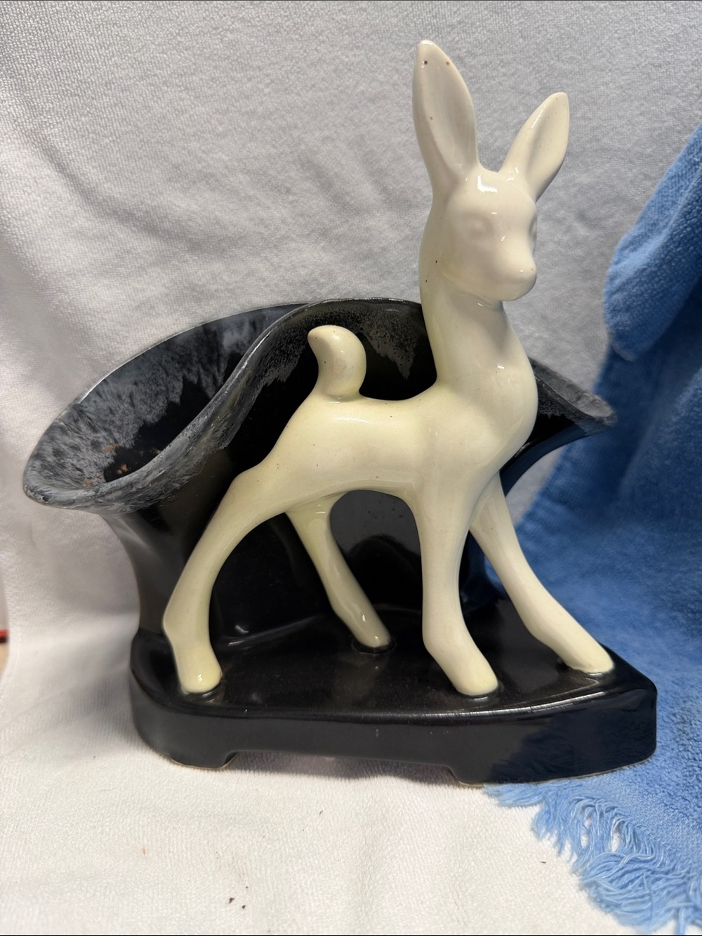 Mid-Century Modern Ceramic Deer Planter Vase - Black & Cream